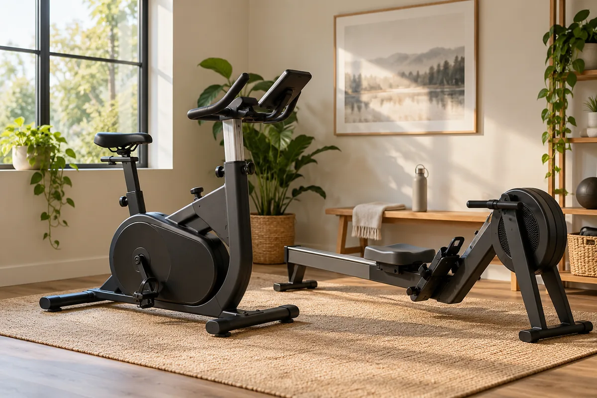 Unbranded cardio equipment in a home fitness corner