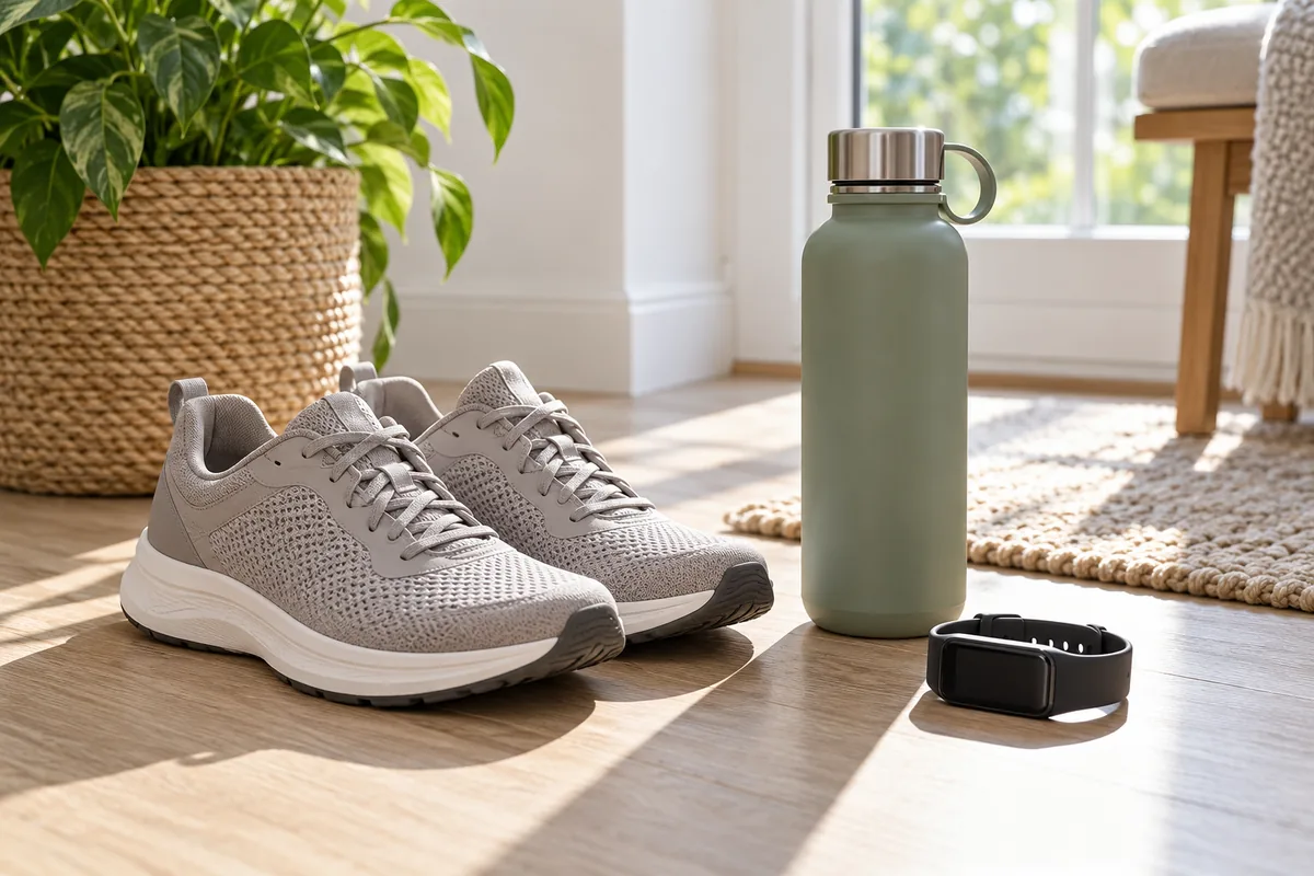 Walking shoes, a bottle and an unbranded wearable