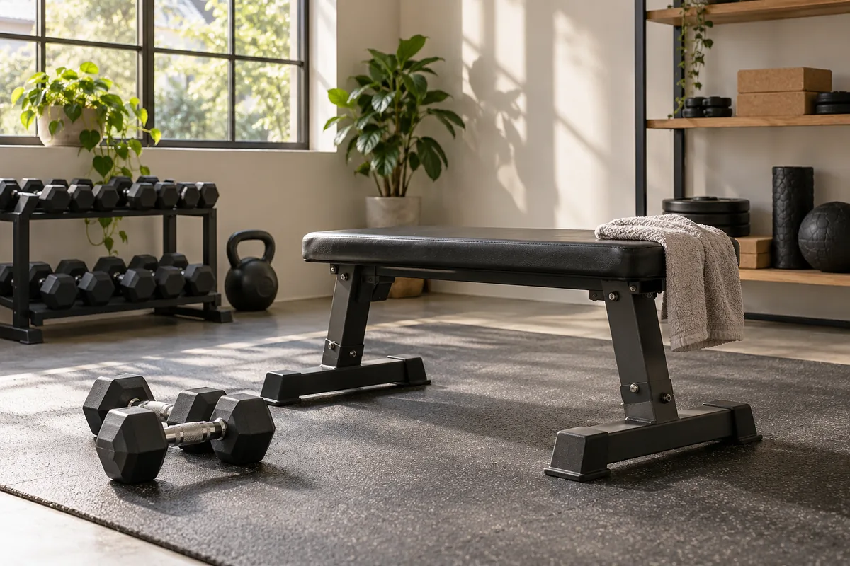 Weights and a bench in a home training corner
